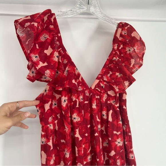 Ro's Garden Jasmin 100% Cotton Red Floral V Neck Ruffle Sleeve Maxi Dress Medium - Picture 4 of 8